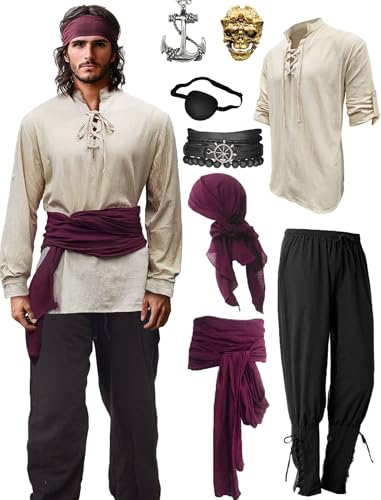 Men's Pirate Costume Outfit with Pants, Shirt, Sash and Accessories P814