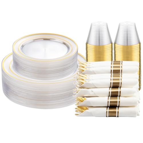 350PCS Clear Gold Plastic Dinnerware Set for 50 Guests, Disposable Plates, Cups & Silverware N692