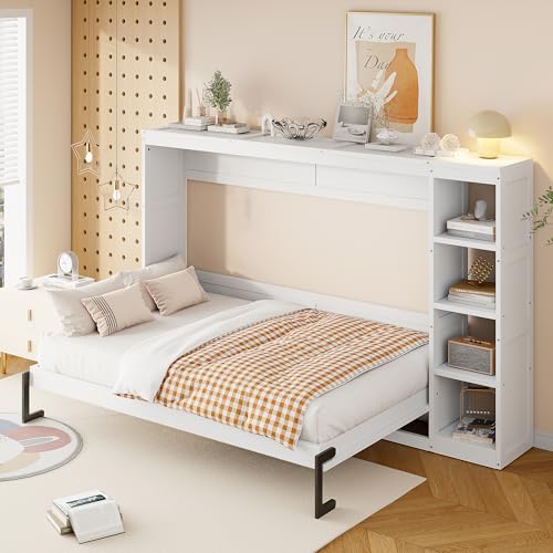 Full Size Horizontal Murphy Bed with Shelves, Foldable into Cabinet W154373