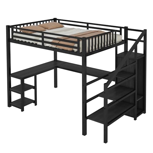 Full Size Metal Loft Bed with L-Shaped Desk and USB Port, Heavy Duty Frame with Wardrobe and Shelf I76318