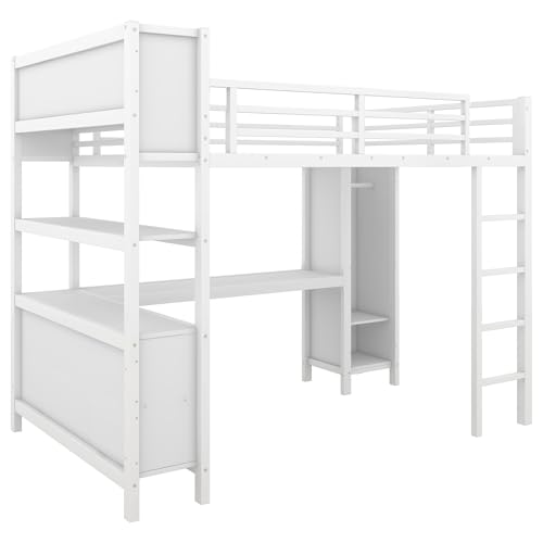 Full Loft Bed with Desk, Storage Shelves, and Wardrobe, Heavy-Duty Frame, Black K6320