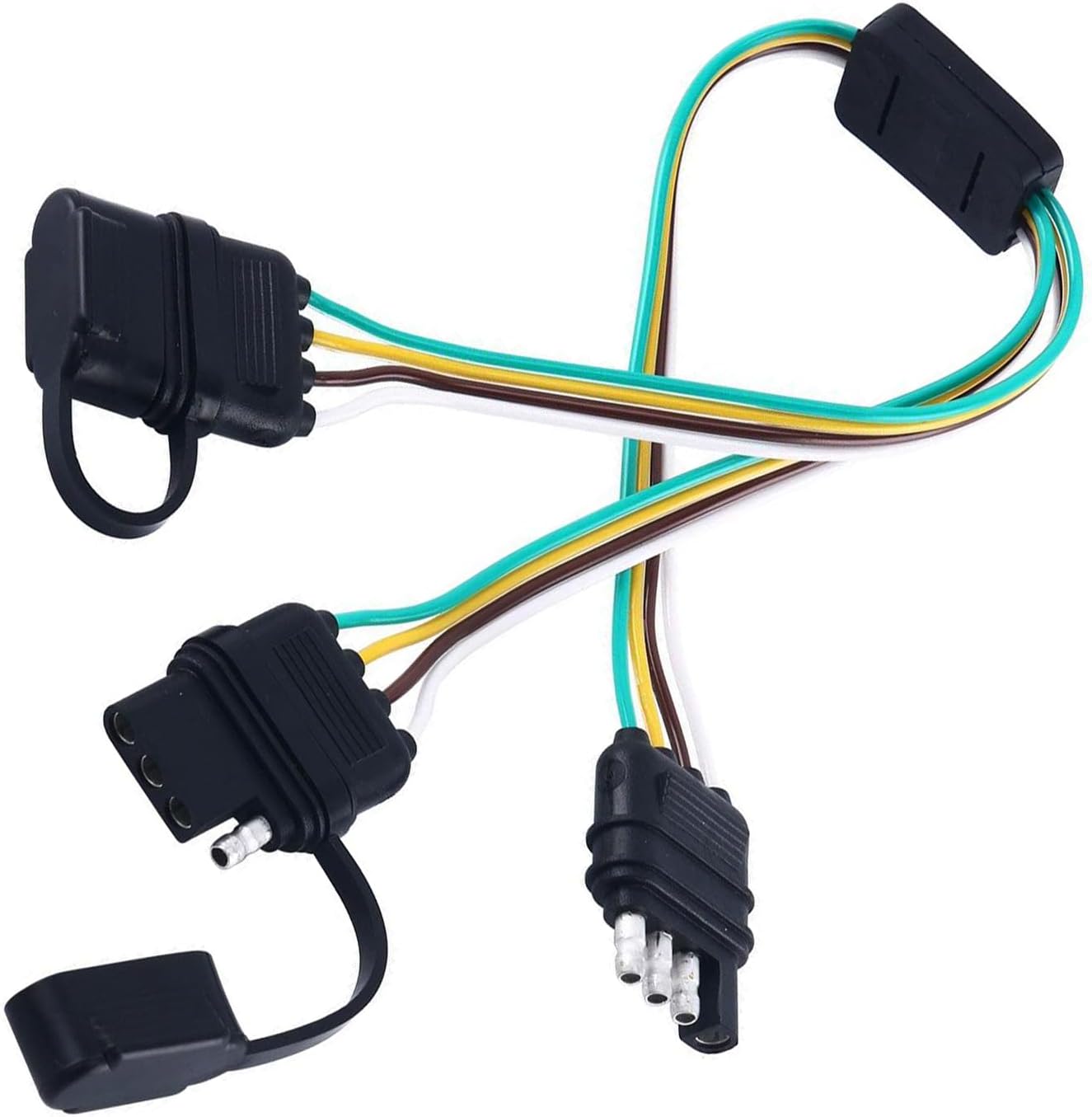 1 PC Automotive Y-Type Splitter One-to-Two Plug Wiring Harness, 17.7" 4 Pin Flat Plug Adapter with Dust Cover, Lamp Power Cable Extension Harness, Universal for Car Trailer Accessories (Black)