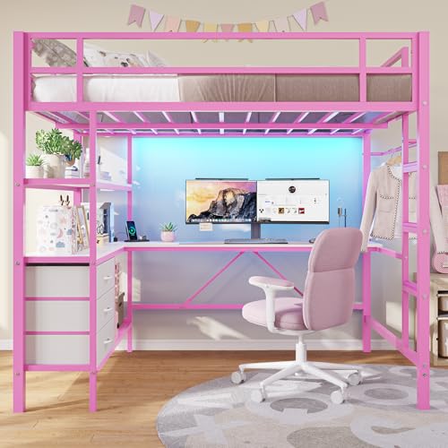 Loft Bed Full Size with L-Shaped Desk and Charging Station G796