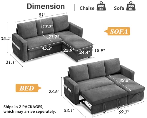 81" Sleeper Sofa Bed with Pull Out Bed, L Shaped Sectional, Chenille Green C110