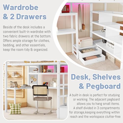 Queen Loft Bed with L-Shaped Desk and Stairs, Metal Frame, Black F92113