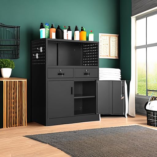 Locking Cabinet with 2 Drawers, Metal Storage Cabinet with Locking Doors and Shelves J89434