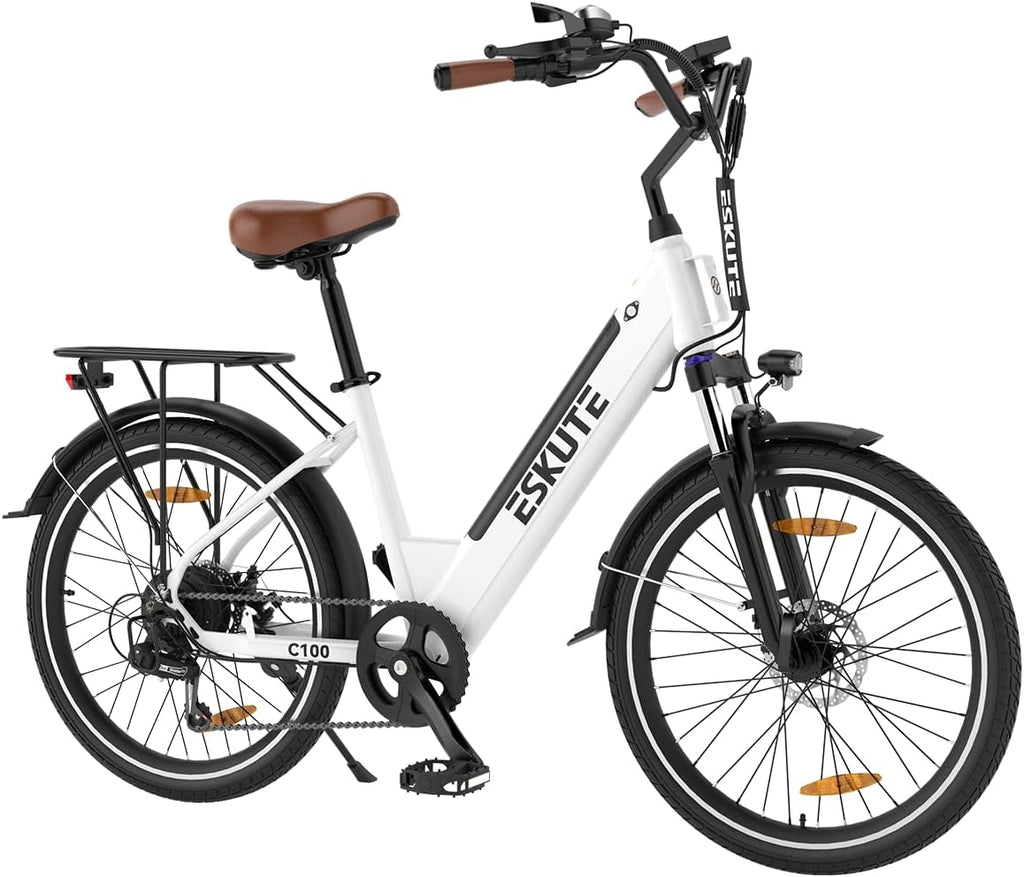 ESKUTE 26" City Electric Bike C100, Step-Through Commuter Electric Bicycle, Top Speed 20MPH, Front Suspension, Mechanical Disc Brake, Electric Bike for Adults