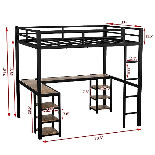 Full Size Loft Bed with Wardrobe and L-Shaped Desk, Metal with Storage Cubes, White Q15057