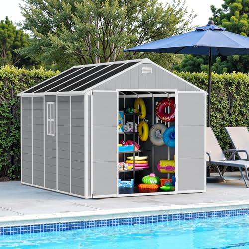 Resin Outdoor Storage Shed with Floor and Window, Lockable Small Tool Shed for Garden Patio Backyard, Light Gray V985