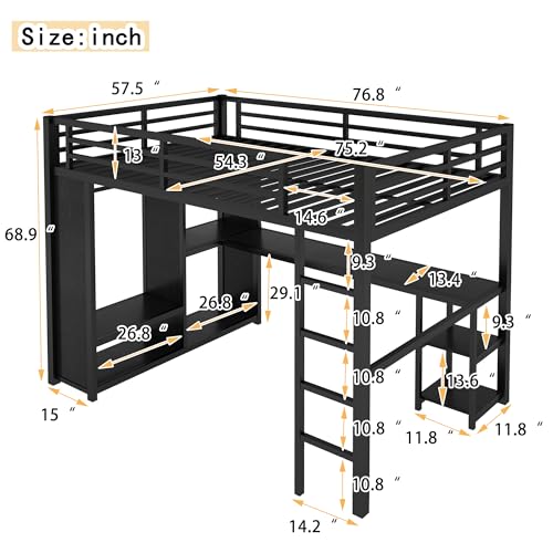 Metal Loft Bed with Wardrobe and L-Shaped Desk, Full Size with Storage Cubes and Shelves J450846