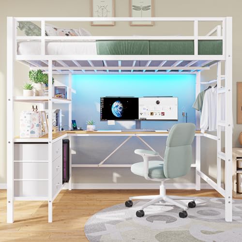 Loft Bed Full Size with L-Shaped Desk and Charging Station G796