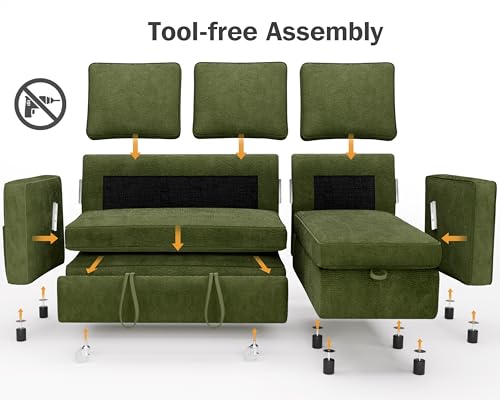 81" Sleeper Sofa Bed with Pull Out Bed, L Shaped Sectional, Chenille Green C110