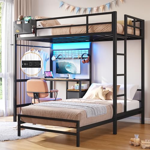 Twin Over Twin Bunk Bed with Desk, Charging Station and LED Lights F705929