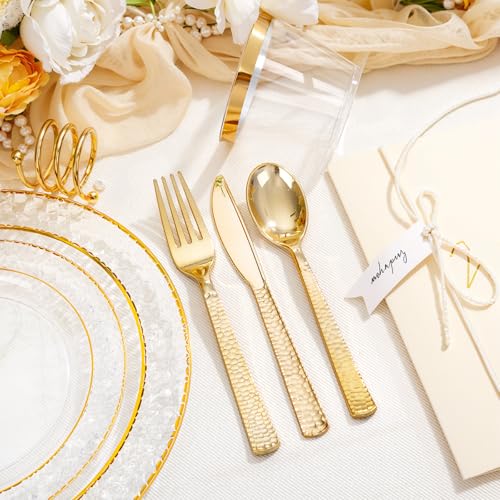 350PCS Clear Plastic Plates with Gold Trim for 50 Guests, Disposable Dinnerware Set O686017