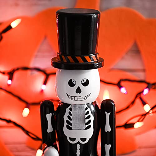 Skeleton Nutcracker Figure with Top Hat, Black and White Wooden Christmas Halloween Decor 15" O46743