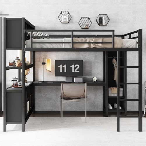 Full Loft Bed with Desk, Storage Shelves, and Wardrobe, Heavy-Duty Frame, Black K6320