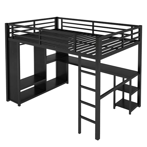Metal Loft Bed with Wardrobe and L-Shaped Desk, Full Size with Storage Cubes and Shelves J450846