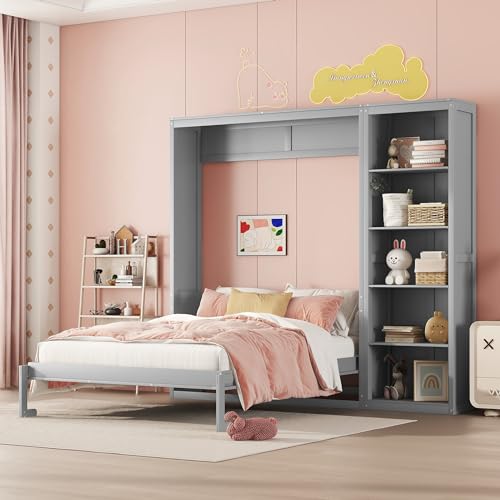 Grey Murphy Wall Bed with Storage Bookcase Shelves B3990