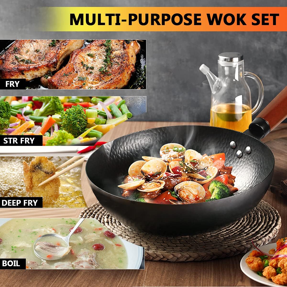 Carbon Steel Wok Pan Set with Wooden Lid, Flat Bottom, 14 Piece R623