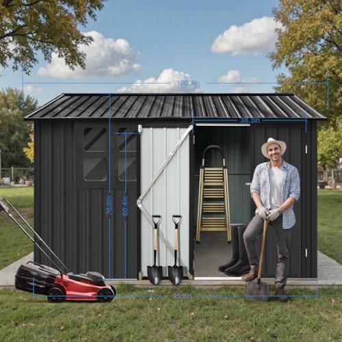 10 x 8 ft Outdoor Storage Shed, Metal Building with Windows and Lockable Doors, Grey Q206