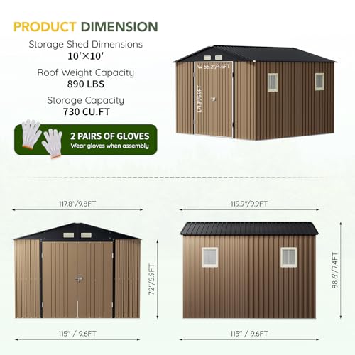 Outdoor Storage Shed 10 x 12 ft Metal Garden Utility with Lockable Doors U582216