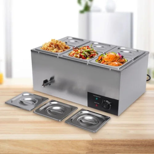 600W 110V Bain Marie 6 Pots Pans Commercial Buffet Food Warmer Stainless Steel