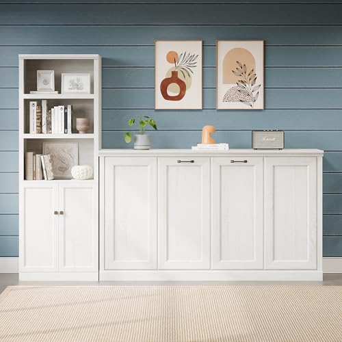 Twin Murphy Bed with Side Cabinets and Bookcase, Foldable Wall Bed for Guest Room, White X864
