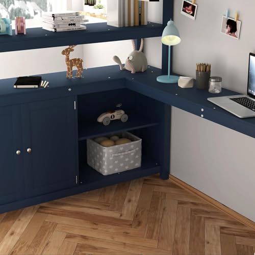 Full Size Loft Bed with Wardrobe and L-Shaped Desk, Metal with Storage Cubes, White Q15057