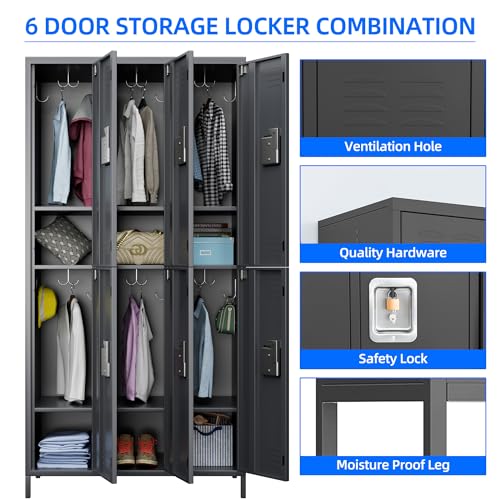 6 Door Metal Storage Locker with 18 Hooks, Black & Dark Grey K6611