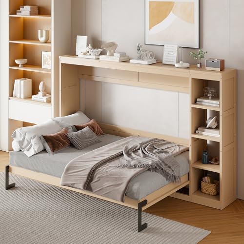 Full Size Horizontal Murphy Bed with Shelves, Full Murphy Bed with Side Bookcase, can be Folded into a Cabinet, Hideaway Wall Bed Space-Saving for Guest Room Bedroom Office, Natural