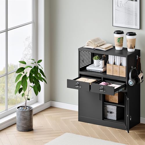 Locking Cabinet with 2 Drawers, Metal Storage Cabinet with Locking Doors and Shelves J89434