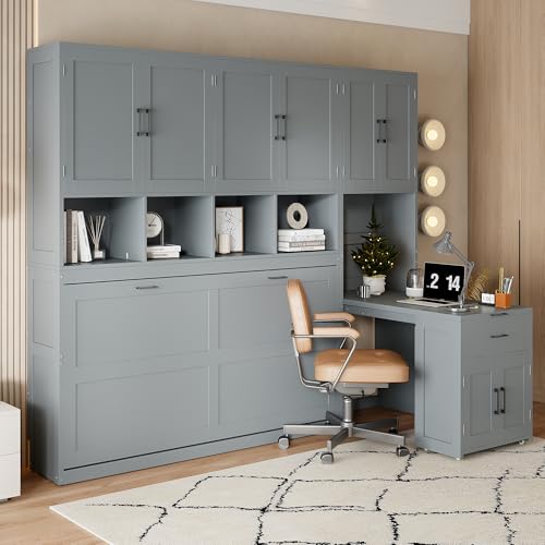 Wall Bed with Storage Cabinet and Desk, Folding Frame for Guestroom, Grey K678830