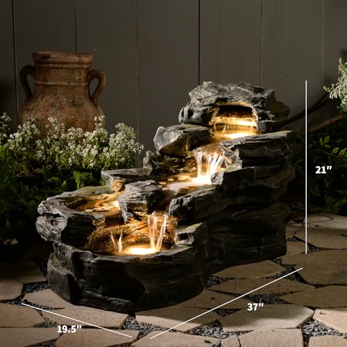 37" Outdoor Garden Water Fountain, 5-Tier Rock Waterfall with LED Lights H197