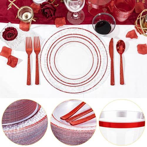 350PCS Clear Plastic Plates with Gold Trim for 50 Guests, Disposable Dinnerware Set O686017