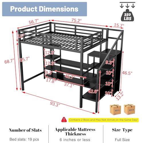 Queen Loft Bed with L-Shaped Desk and Stairs, Metal Frame, Black F92113