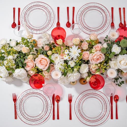 350PCS Clear Plastic Plates with Gold Trim for 50 Guests, Disposable Dinnerware Set O686017
