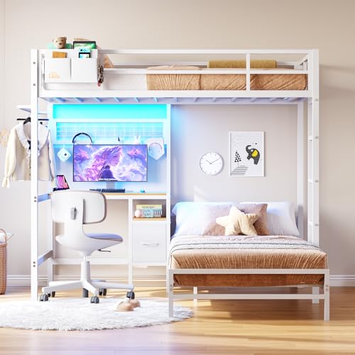Twin Over Twin Bunk Bed with Desk, Charging Station and LED Lights F705929