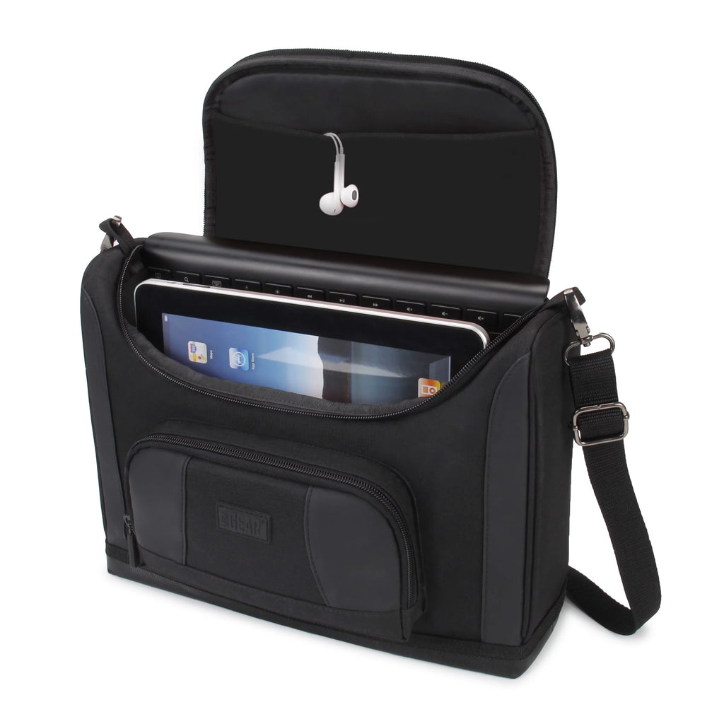 USA Gear Tablet Bag Compatible with 11 Inch iPad Pro and 10.9 Inch iPad Air - Compact Messenger Bag with Durable Exterior Shell, Soft Adjustable Interior Fits Smart Keyboard, Pencil, Charger (Black)