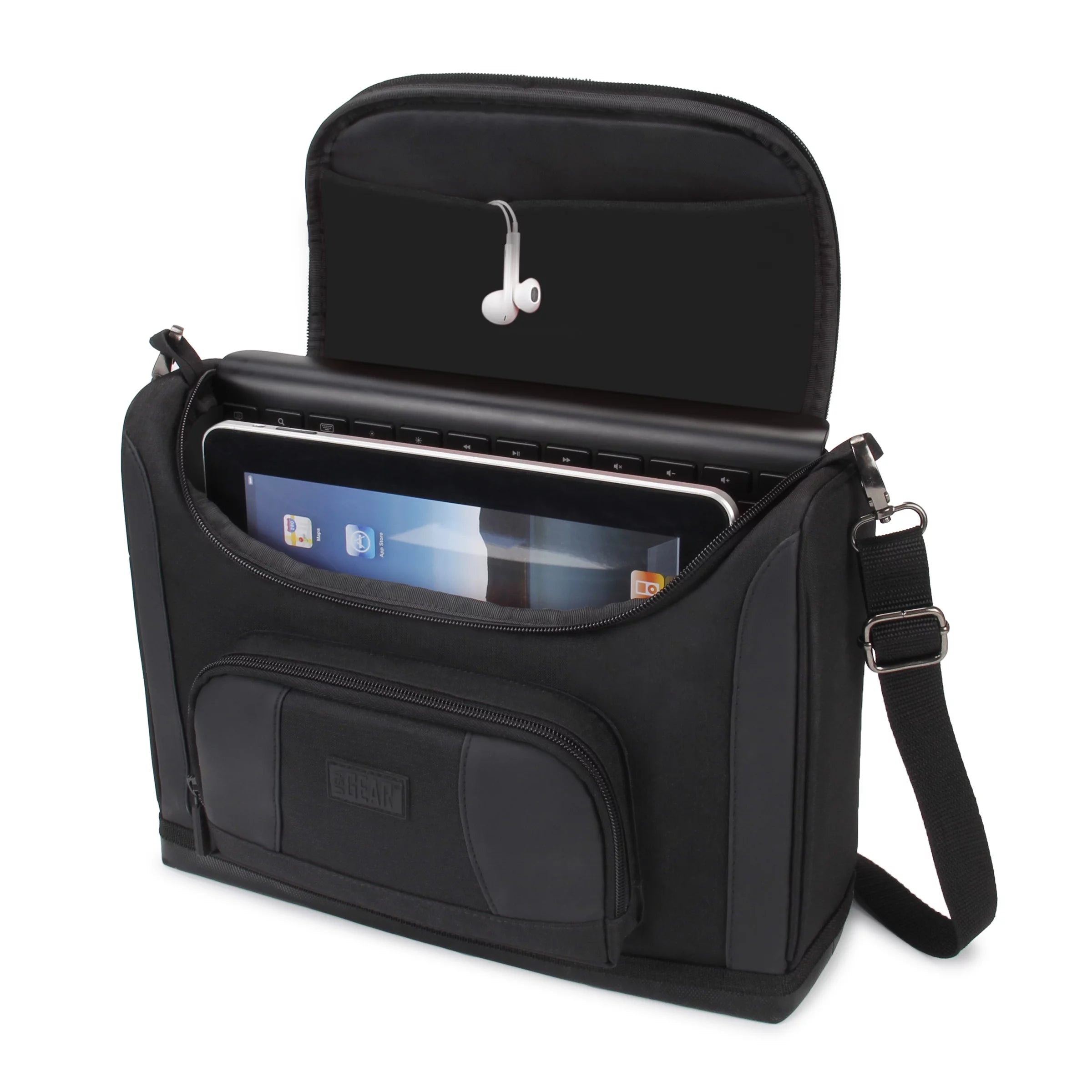 USA Gear Tablet Bag Compatible with 11 Inch iPad Pro and 10.9 Inch iPad Air - Compact Messenger Bag with Durable Exterior Shell, Soft Adjustable Interior Fits Smart Keyboard, Pencil, Charger (Black)