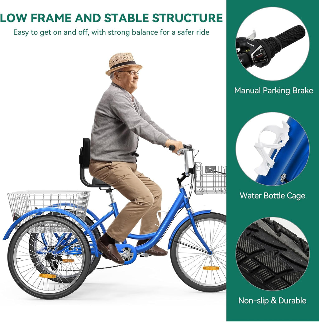 Adult Tricycle 26 Inch 3 Wheel 7 Speed Bike with Removable Baskets, Blue J9778