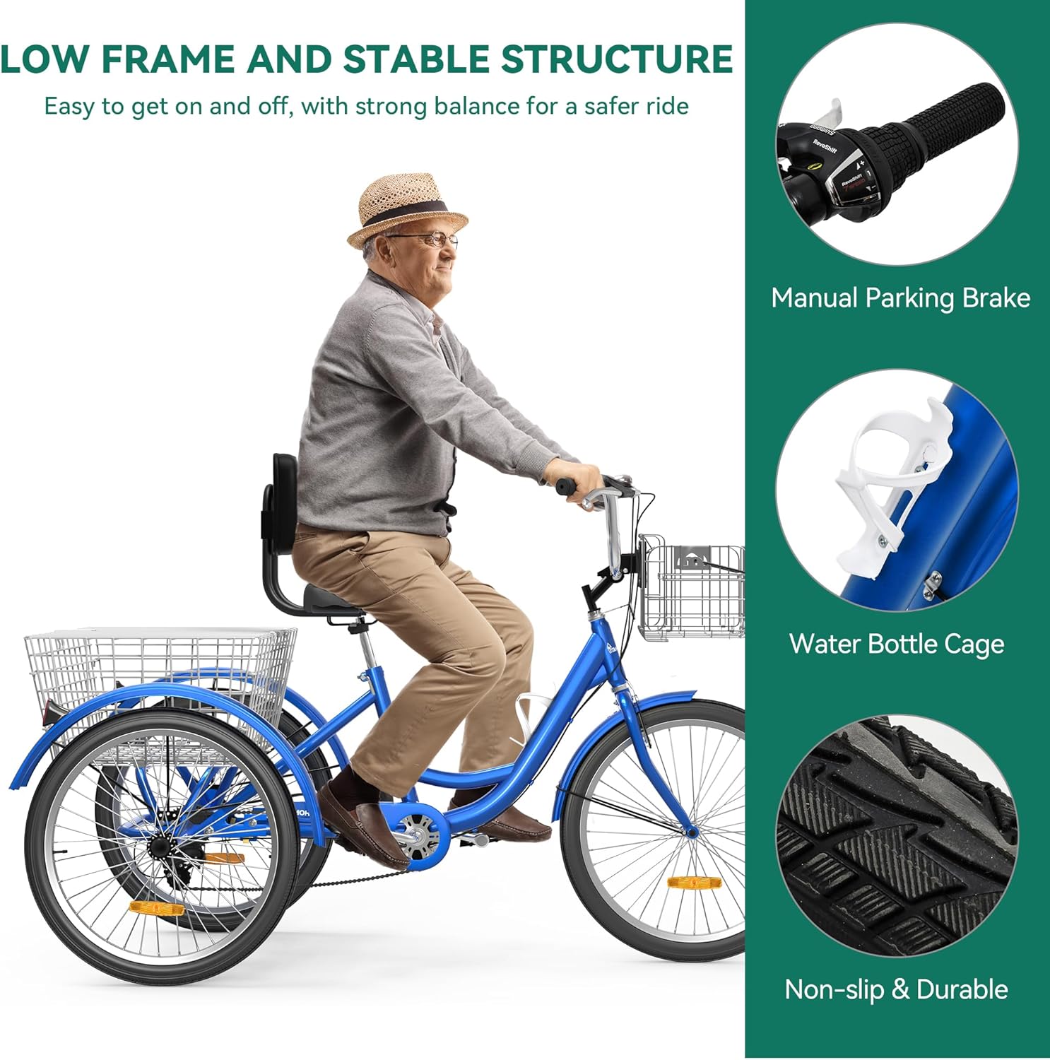 Adult Tricycle 26 Inch 3 Wheel 7 Speed Bike with Removable Baskets, Blue J9778