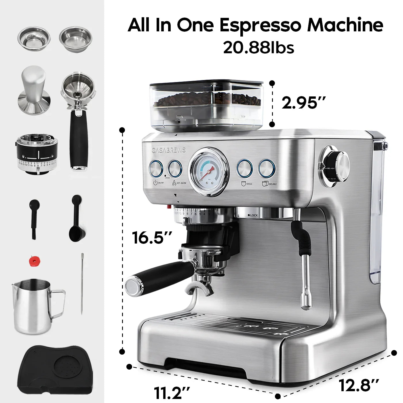 Espresso Machine with Milk Frother and Grinder, Silver O667816