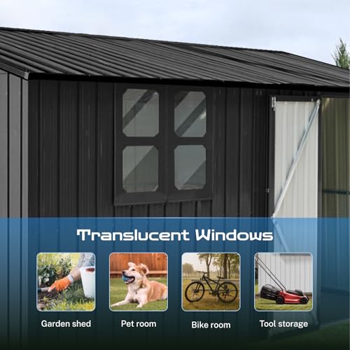 10 x 8 ft Outdoor Storage Shed, Metal Building with Windows and Lockable Doors, Grey Q206