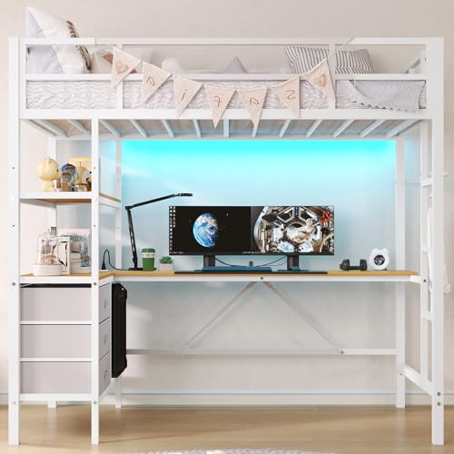 Loft Bed Full Size with L-Shaped Desk and Charging Station G796