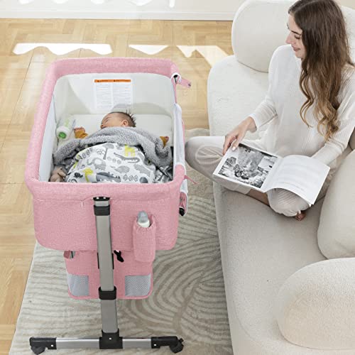 Baby Bassinet Bedside Sleeper with Storage Basket, Easy Folding, Adjustable, Pink D26019