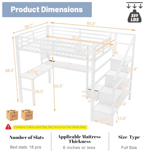 Queen Loft Bed with L-Shaped Desk and Stairs, Metal Frame, Black F92113