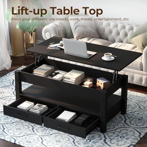 Lift Top Coffee Table with Drawers and Hidden Compartment, Wooden Retro Design for Living Room N4328