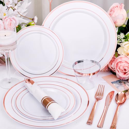 350PCS Clear Gold Plastic Dinnerware Set for 50 Guests, Disposable Plates, Cups & Silverware N692
