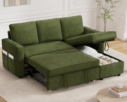 81" Sleeper Sofa Bed with Pull Out Bed, L Shaped Sectional, Chenille Green C110