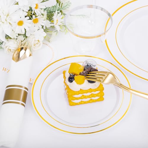 350PCS Clear Gold Plastic Dinnerware Set for 50 Guests, Disposable Plates, Cups & Silverware N692